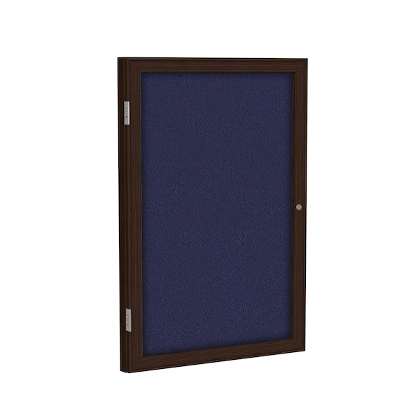 Enclosed Bulletin Board, 1 Door, Fabric, Walnut Frame, 2 ft H x 18 in W, Blue